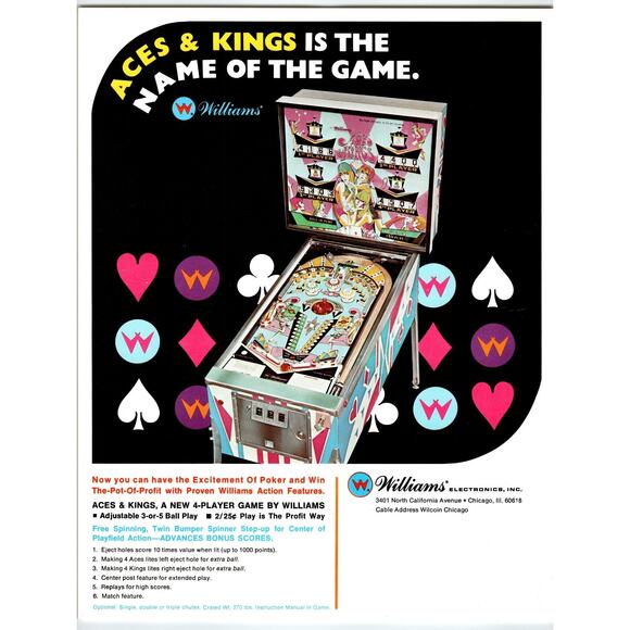 Aces & Kings Pinball FLYER Original 1970 Retro Game Artwork 8.5" x 11 Mod Groovy - Picture 1 of 2